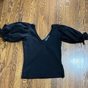 Maeve Black V-Neck Puff Sleeve Blouse from Anthropologie